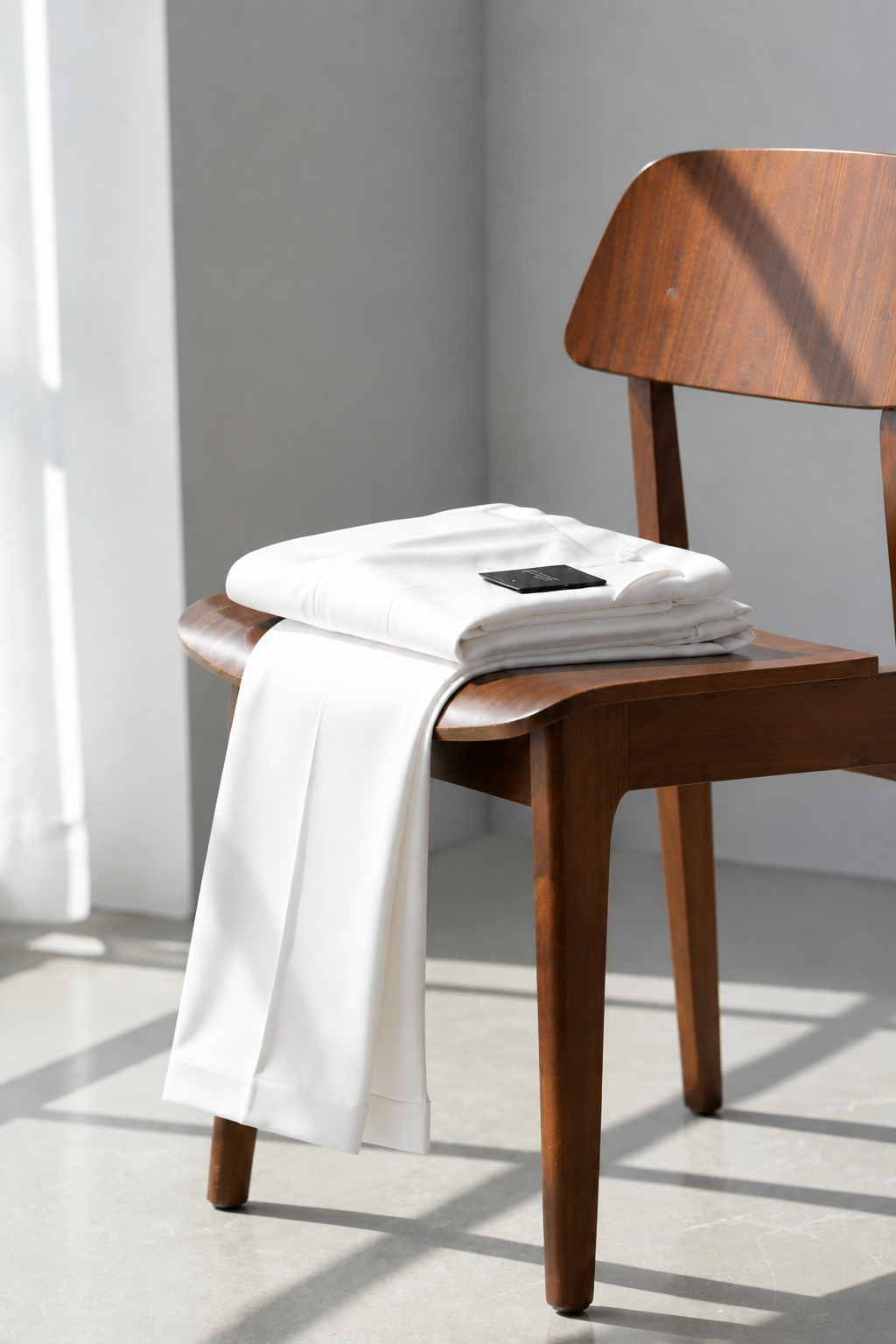 Pantalón blanco, en silla