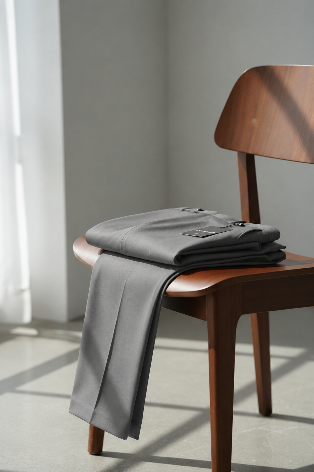 pantalón doblado en silla en gris