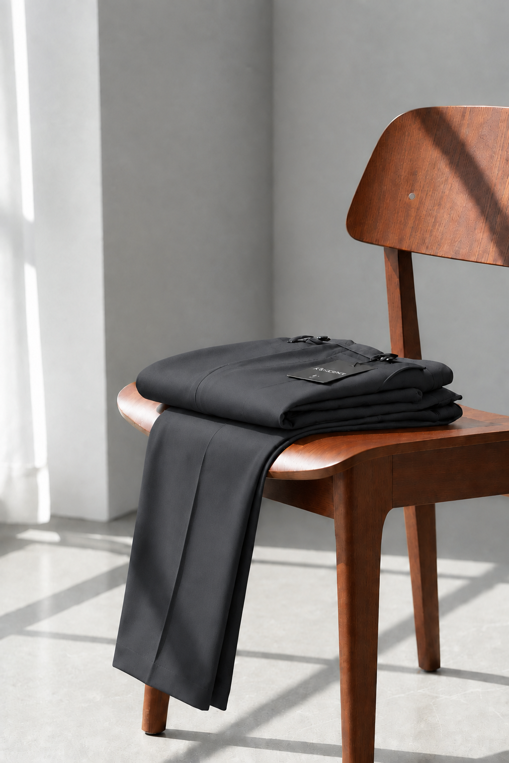 pantalón doblado en silla gris liso